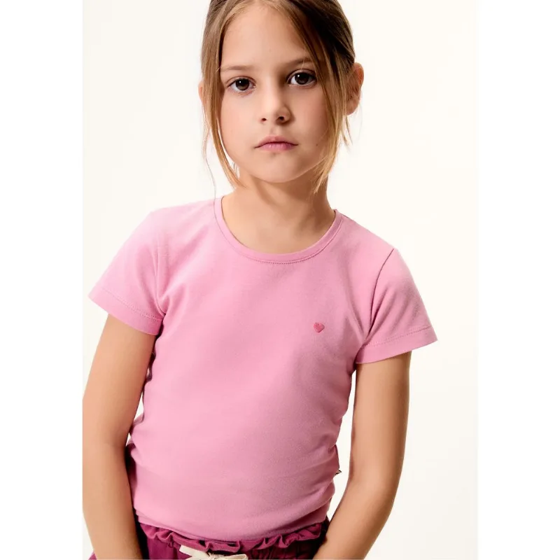 Blusa Básica Infantil Menina Com Bordado Coração - Rosa 014