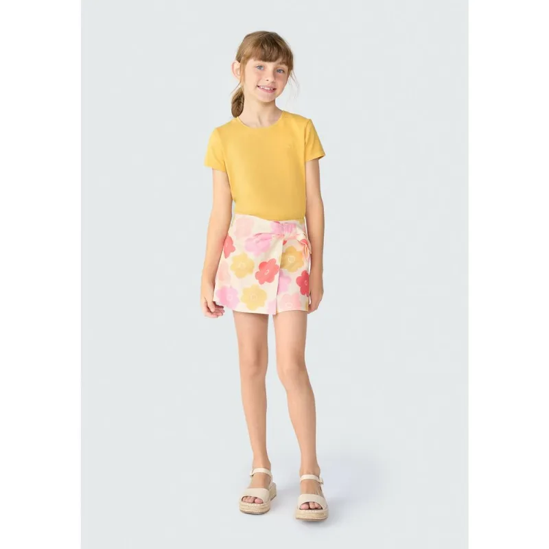 Blusa Básica Infantil Menina Manga Curta Slim Com Bordado Coração - Amarelo 004