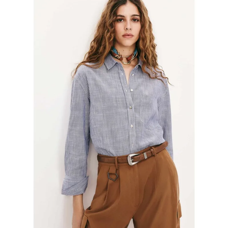 Camisa Feminina Listrada Em Liocel - Azul M