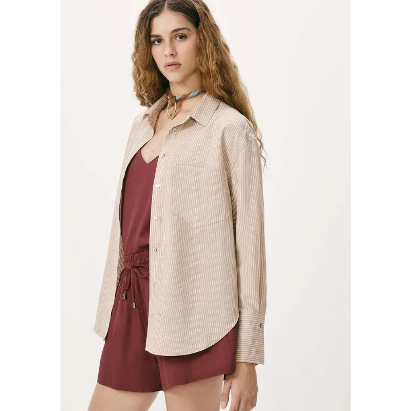 Camisa Feminina Listrada Em Liocel - Bege P