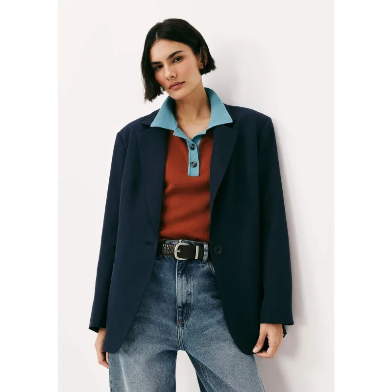 Blazer Feminino Regular Em Crepe - Azul G