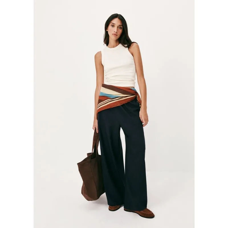 Calça Feminina Reta Cintura Alta Com Linho - Azul G