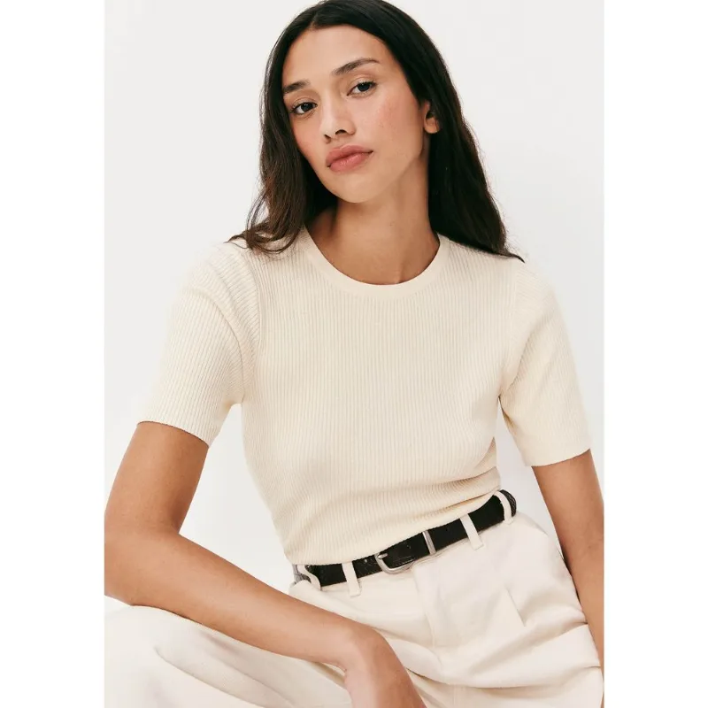 Blusa Feminina Manga Curta Canelada Em Tricô - Off white XG