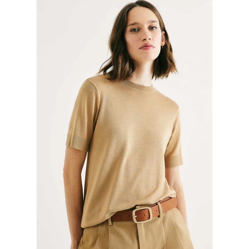 Blusa Feminina Manga Curta Em Tricô Leve - Bege M