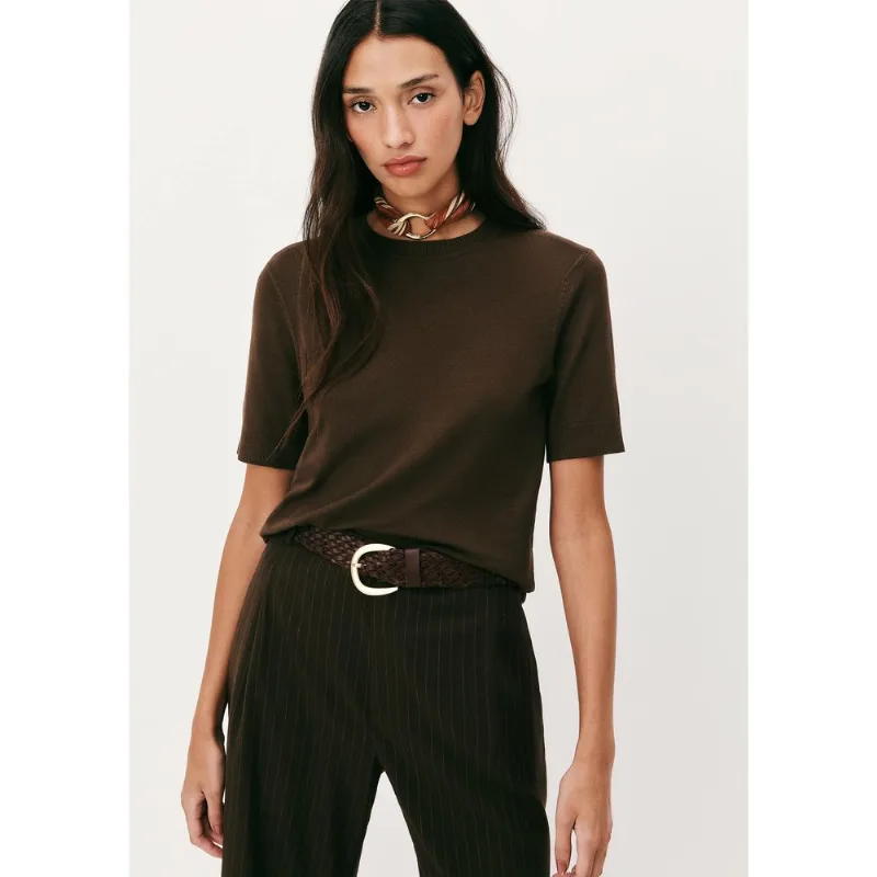 Blusa Feminina Manga Curta Em Tricô Leve - Marrom XG