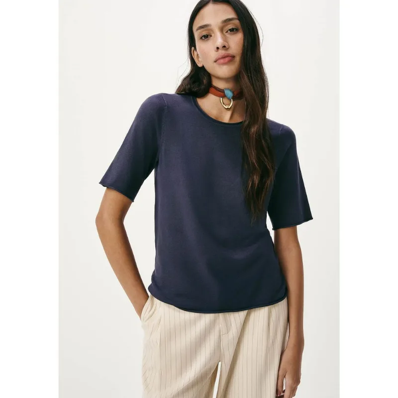 Blusa Feminina Manga Curta Em Tricô Leve - Azul XP