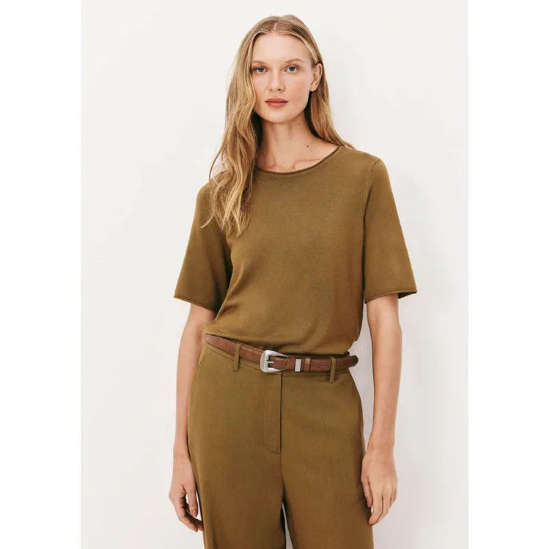 Blusa Feminina Manga Curta Em Tricô Leve - Marrom P