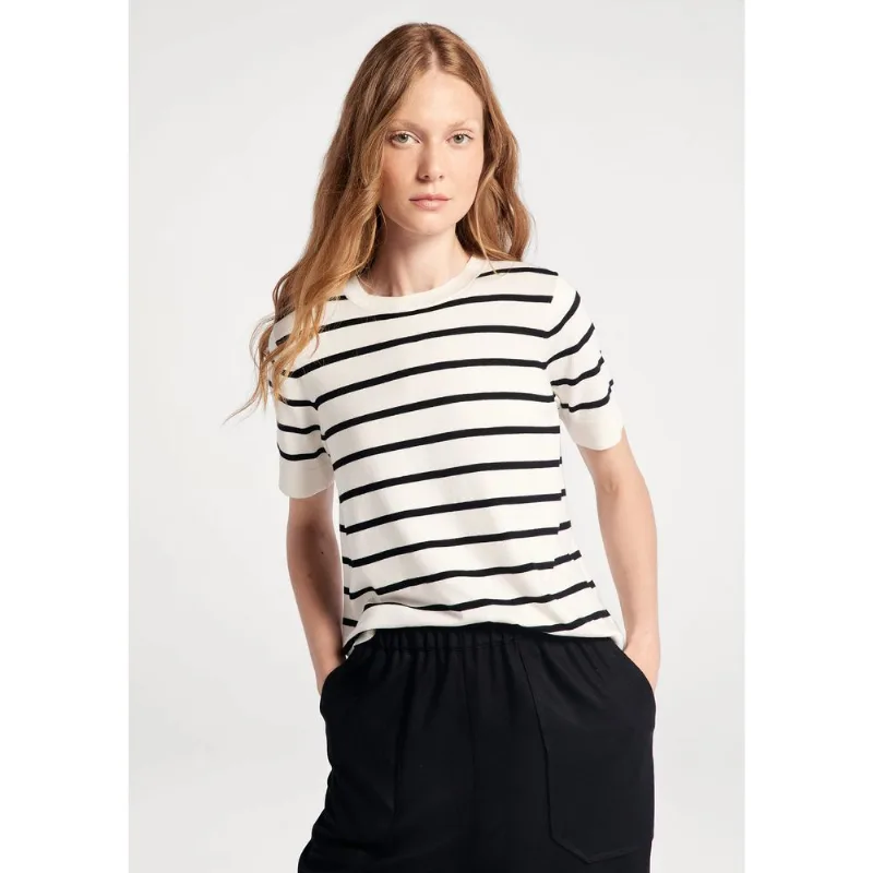 Blusa Feminina Manga Curta Listrada Em Tricô Fio Tinto - Off white P