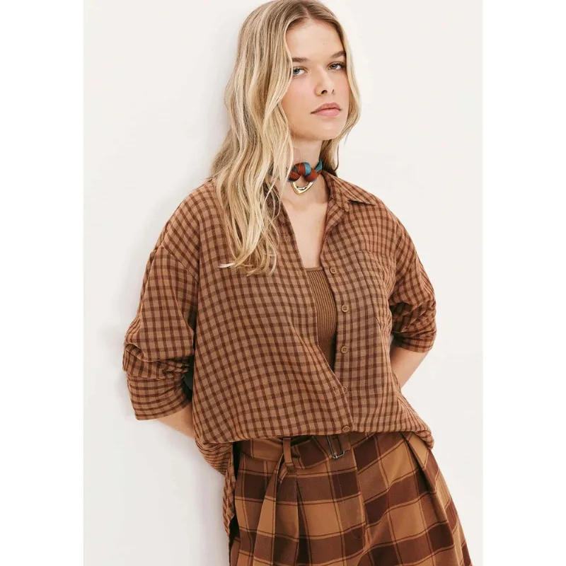 Camisa Feminina Manga Longa Fio Tinto - Marrom XP