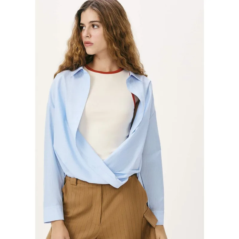 Camisa Feminina Fio Tinto Transpassada - Azul P