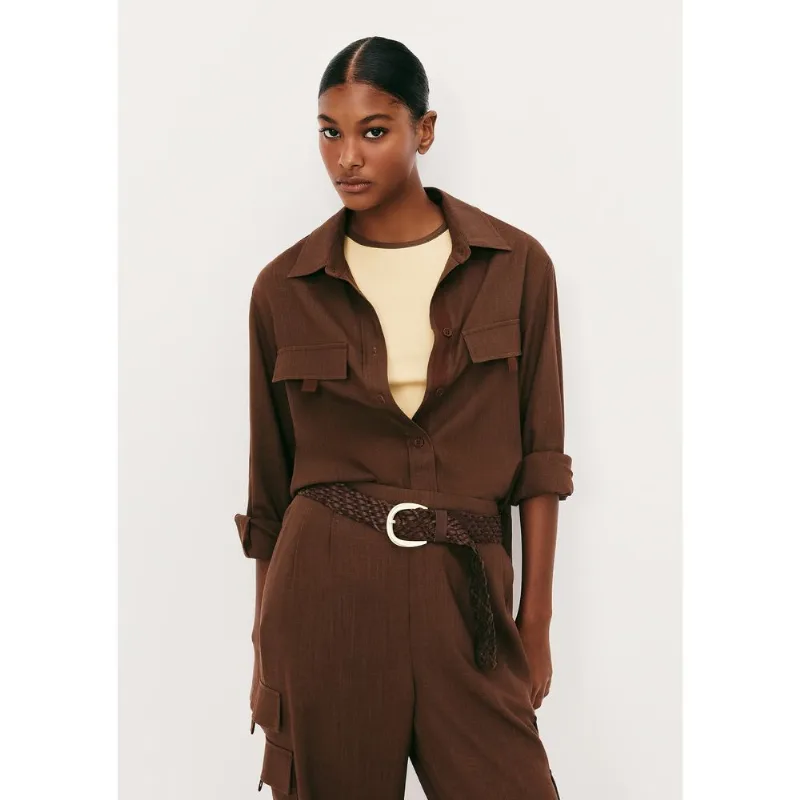 Camisa Feminina Manga Longa Com Linho - Marrom P