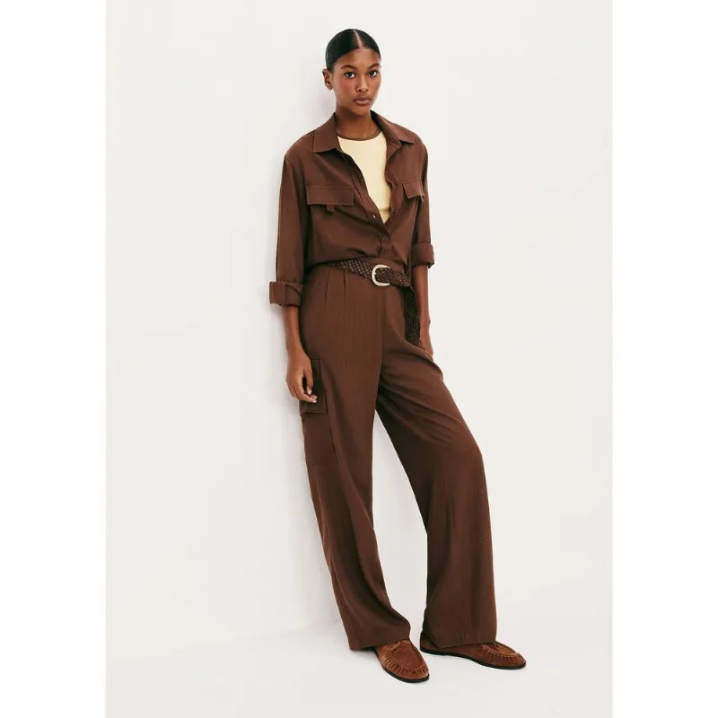 Calça Feminina Reta Bolso Cargo Com Linho - Marrom 038