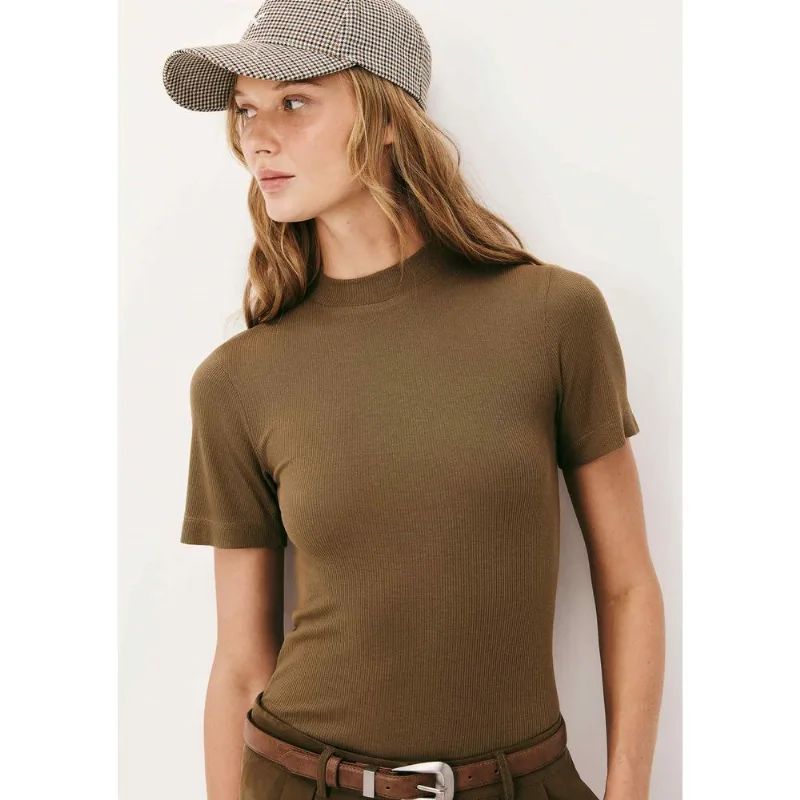 Blusa Básica Feminina Gola Alta Em Ribana Canelada - Marrom XXG