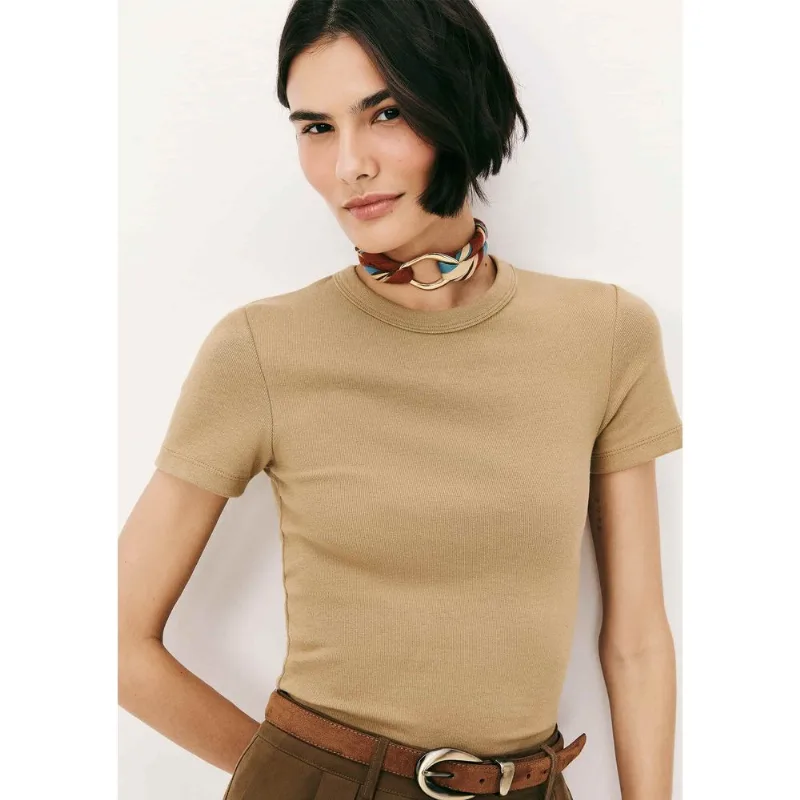 Blusa Feminina Manga Curta Slim Em Ribana - Caqui G