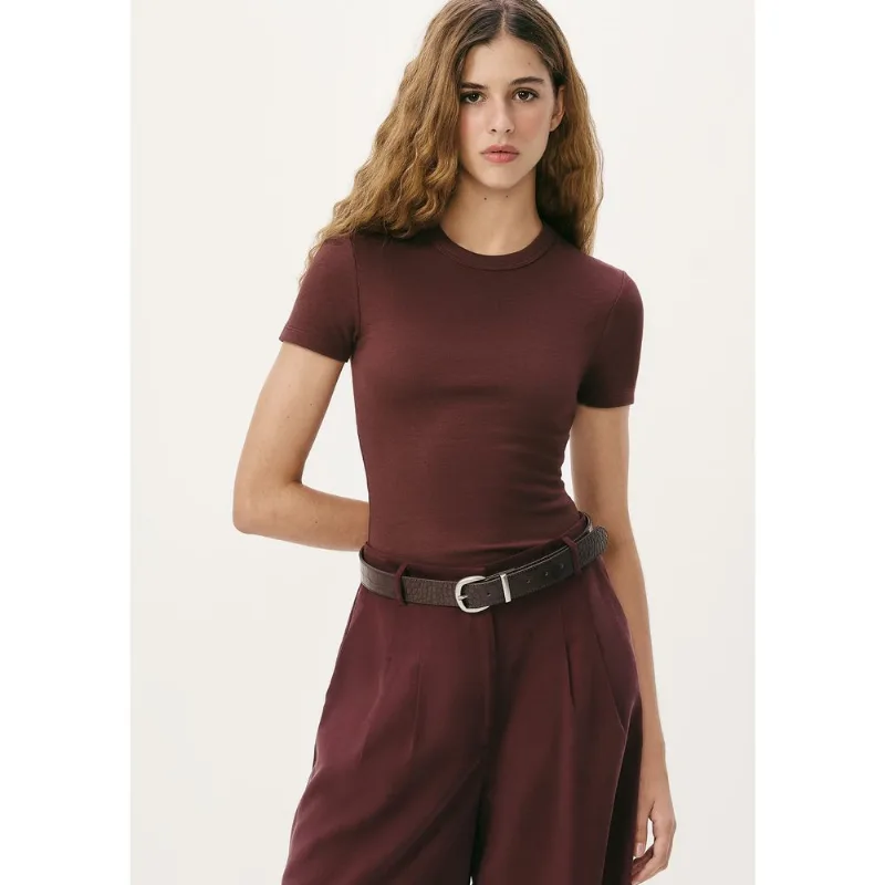 Blusa Feminina Manga Curta Slim Em Ribana - Vinho P
