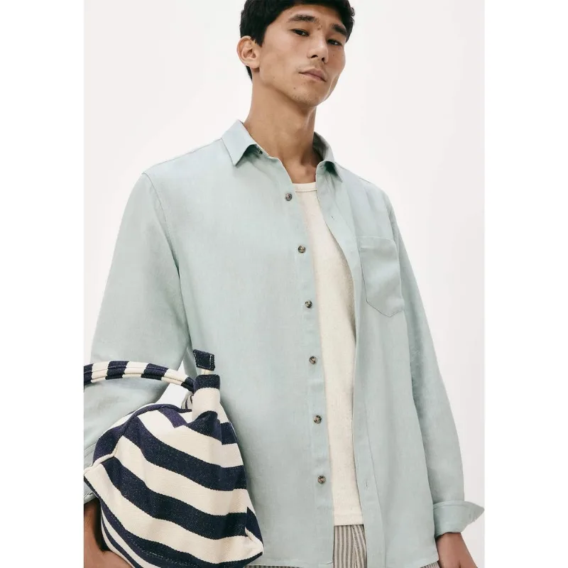 Camisa Básica Masculina Manga Longa Slim Em Linho - Azul XXG