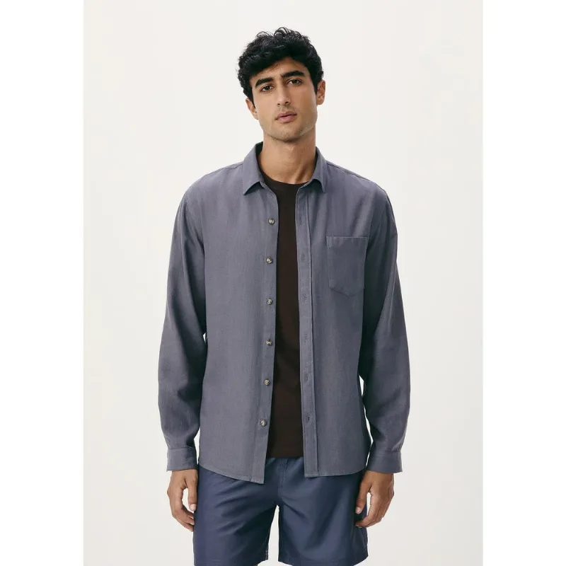 Camisa Básica Masculina Manga Longa Slim Em Linho - Azul P