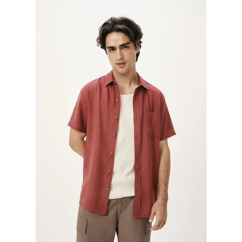 Camisa Básica Masculina Manga Curta Em Linho - Vermelho XG