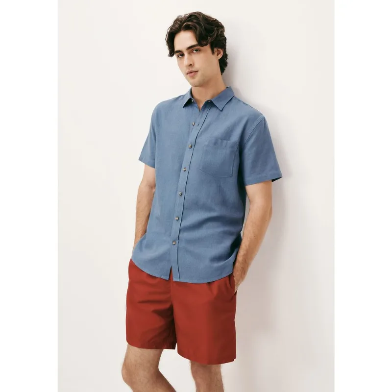 Camisa Básica Masculina Manga Curta Em Linho - Azul M
