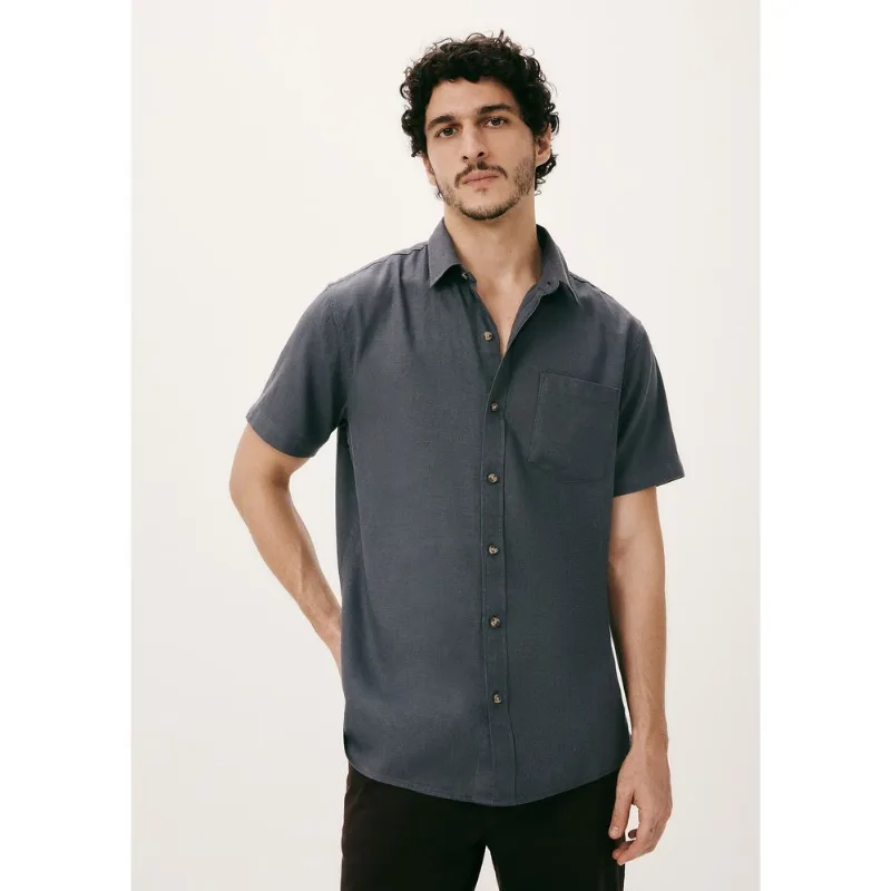 Camisa Básica Masculina Manga Curta Em Linho - Azul XXG