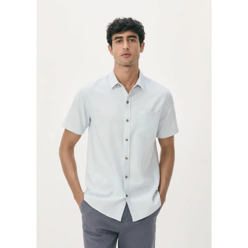 Camisa Básica Masculina Manga Curta Em Linho - Azul XG