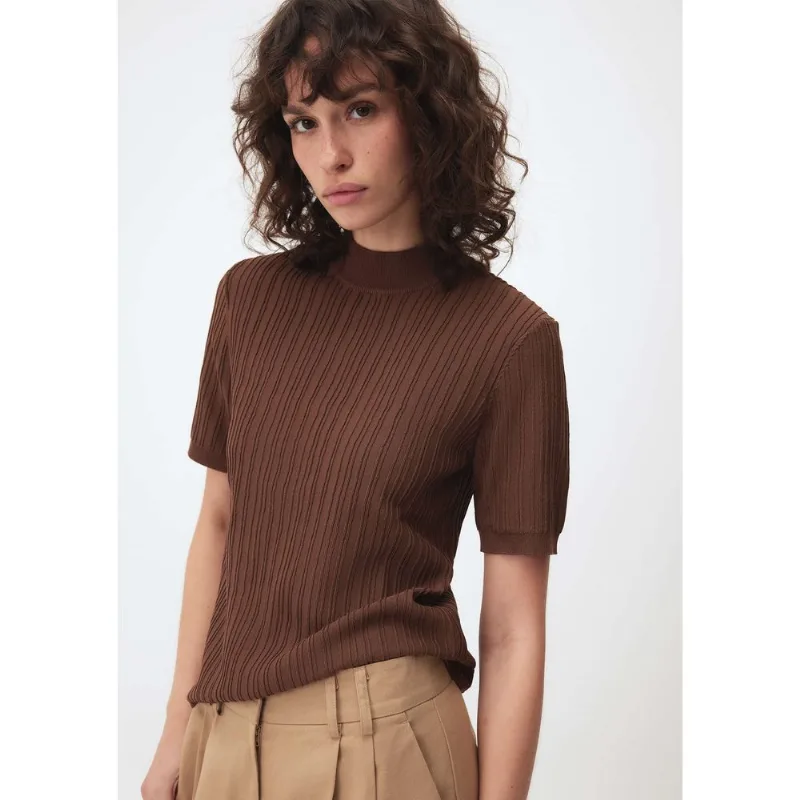 Blusa Feminina Manga Curta Em Tricô - Marrom XP