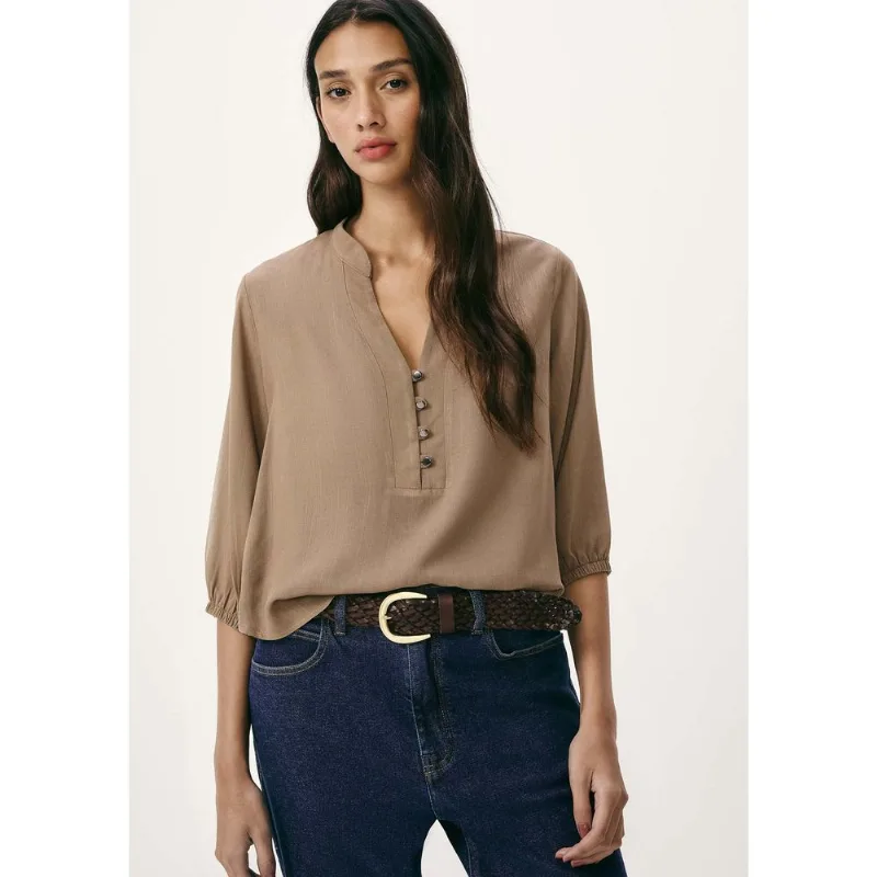 Blusa Básica Feminina Manga 7/8 Bufante - Marrom P
