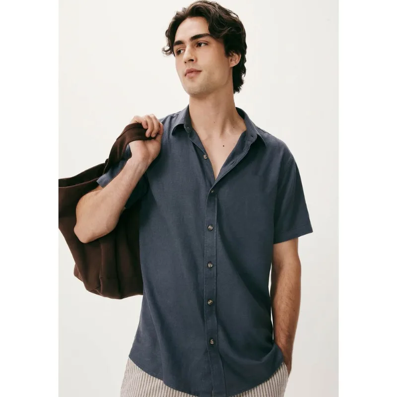 Camisa Masculina Manga Curta Slim Com Linho - Azul M