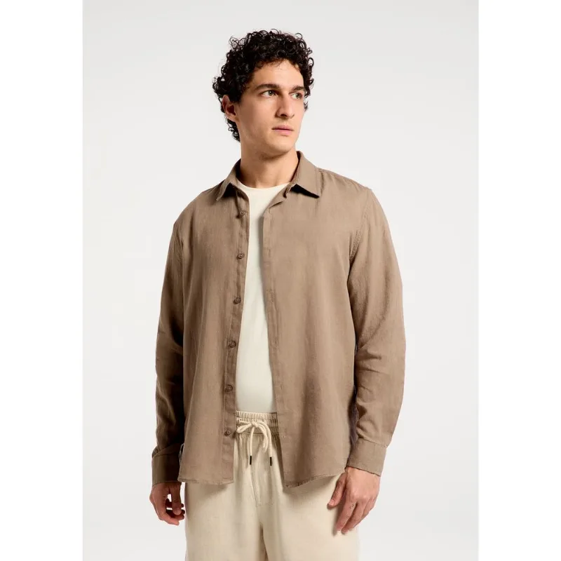 Camisa Masculina Manga Longa Slim Com Linho - Marrom XG