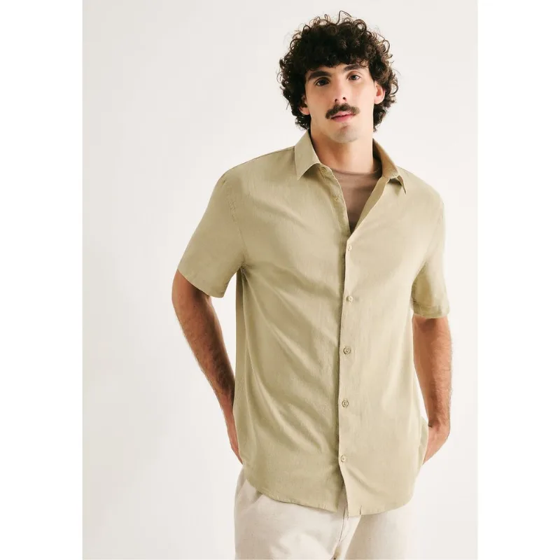 Camisa Masculina Manga Curta Slim Com Linho - Verde P
