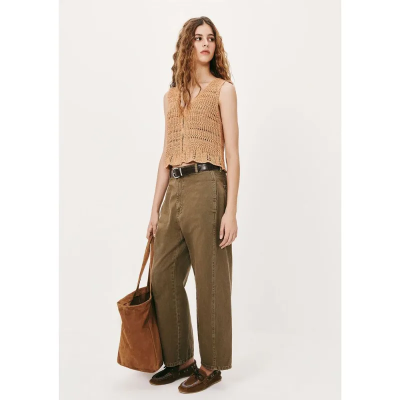 Calça Feminina Barrel Em Sarja Estonada - Marrom 040