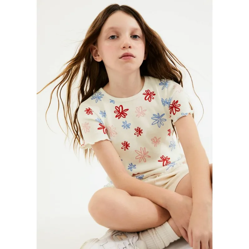 Blusa Infantil Menina Manga Curta Em Ribana Estampada - Off white 012