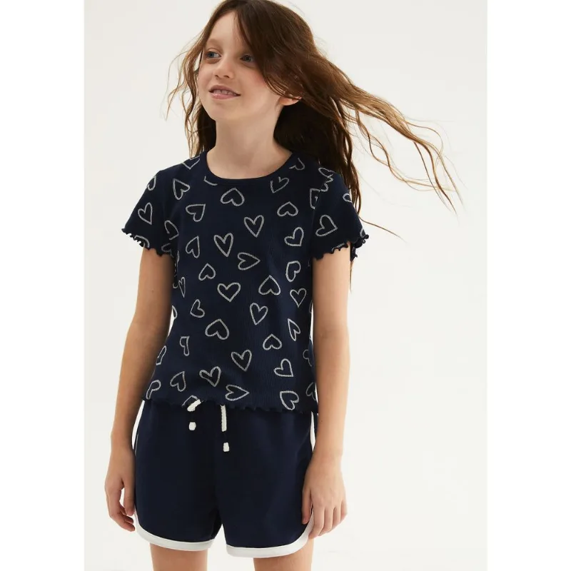 Blusa Infantil Menina Manga Curta Em Ribana Estampada - Azul 014