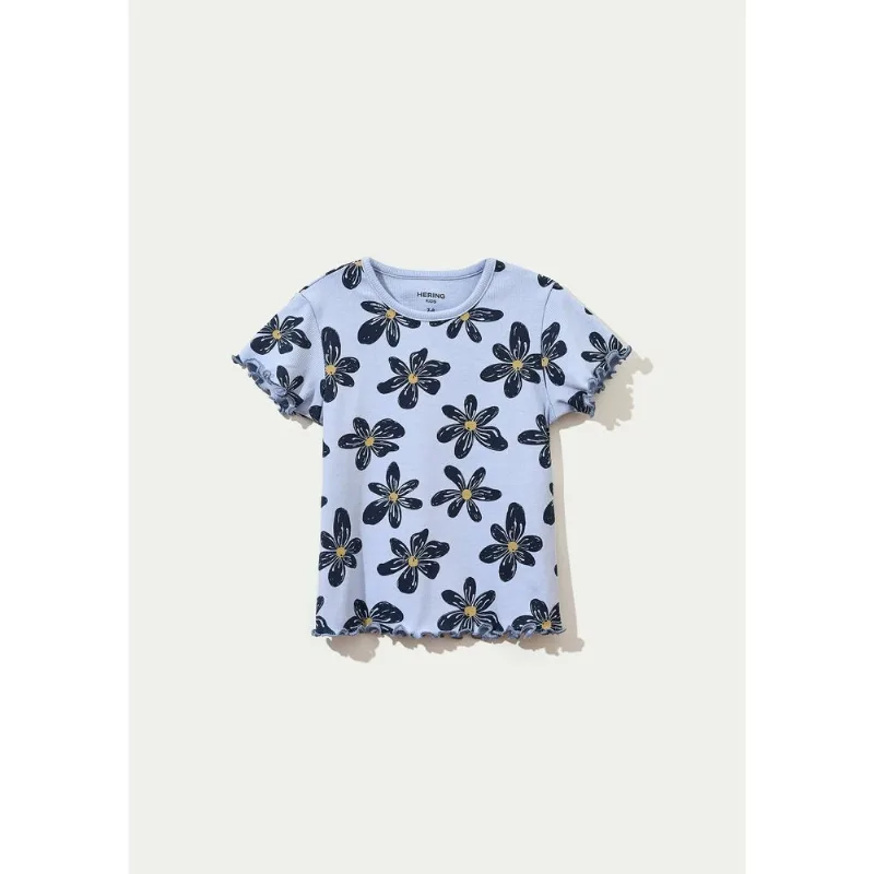 Blusa Infantil Menina Manga Curta Em Ribana Estampada - Azul 012