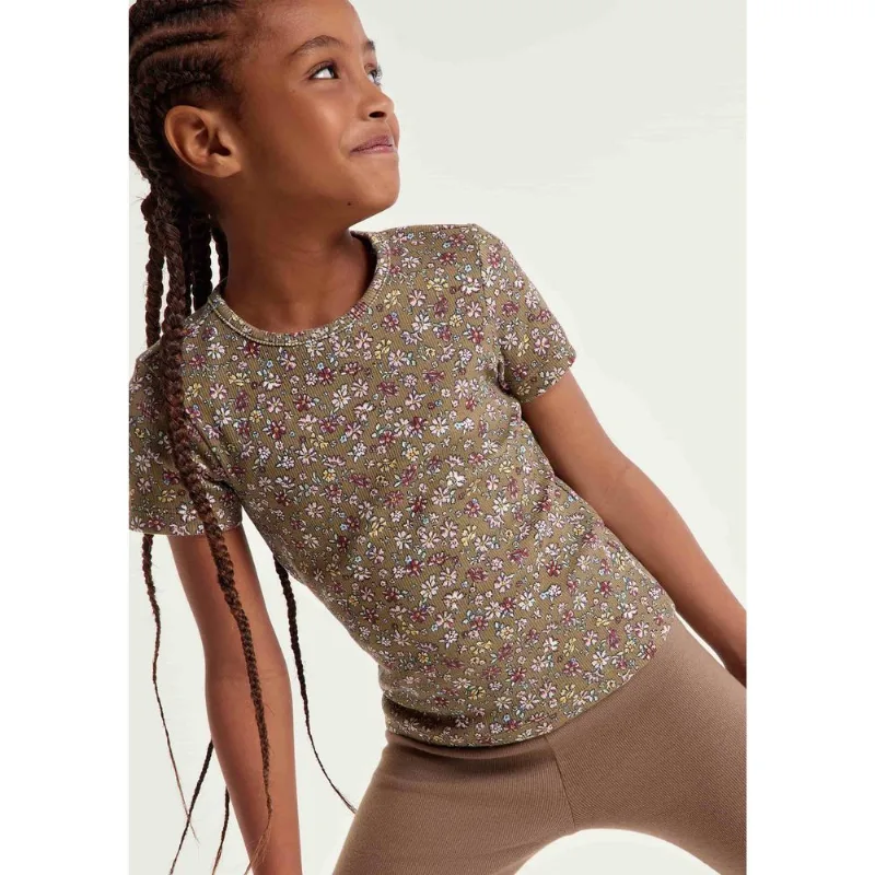 Blusa Infantil Menina Manga Curta Em Ribana Estampada - Caqui 008
