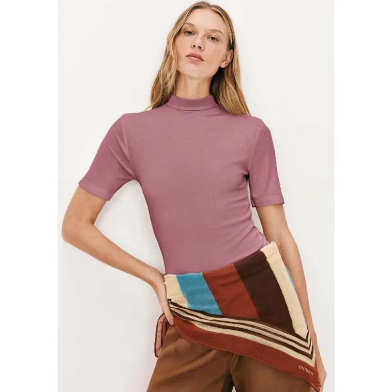 Blusa Básica Feminina Gola Alta Em Ribana Canelada - Rosa M