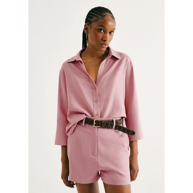 Camisa Feminina Manga 7/8 Com Linho - Rosa XG