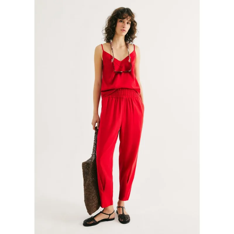 Calça Feminina Slouchy Cintura Alta Com Linho - Vermelho P