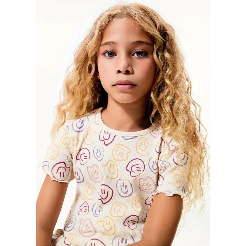 Blusa Infantil Menina Manga Curta Em Ribana Estampada - Creme 016