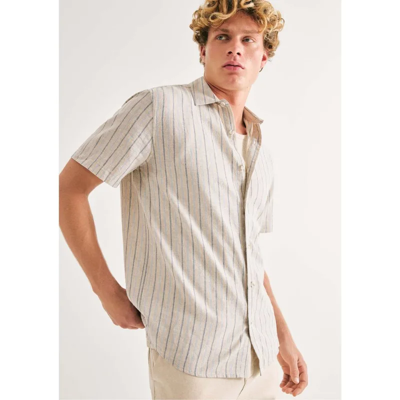Camisa Masculina Manga Curta Fio Tinto Listrada Em Linho - Azul XG