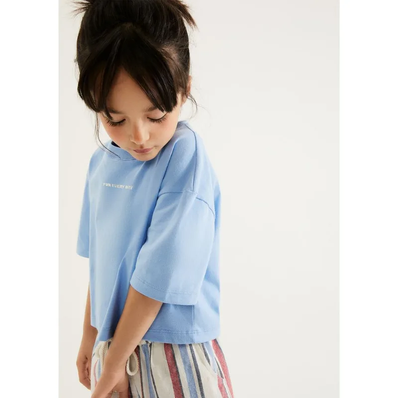 Blusa Infantil Menina Oversized Boxy Bordada - Azul 010