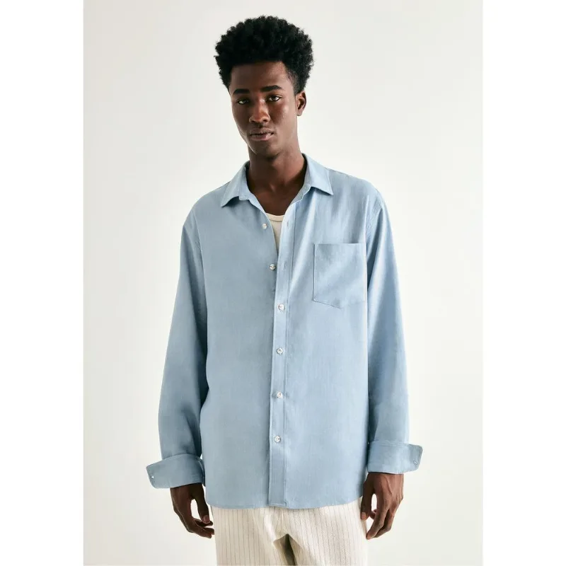 Camisa Básica Masculina Manga Longa Slim Em Linho - Azul XXG