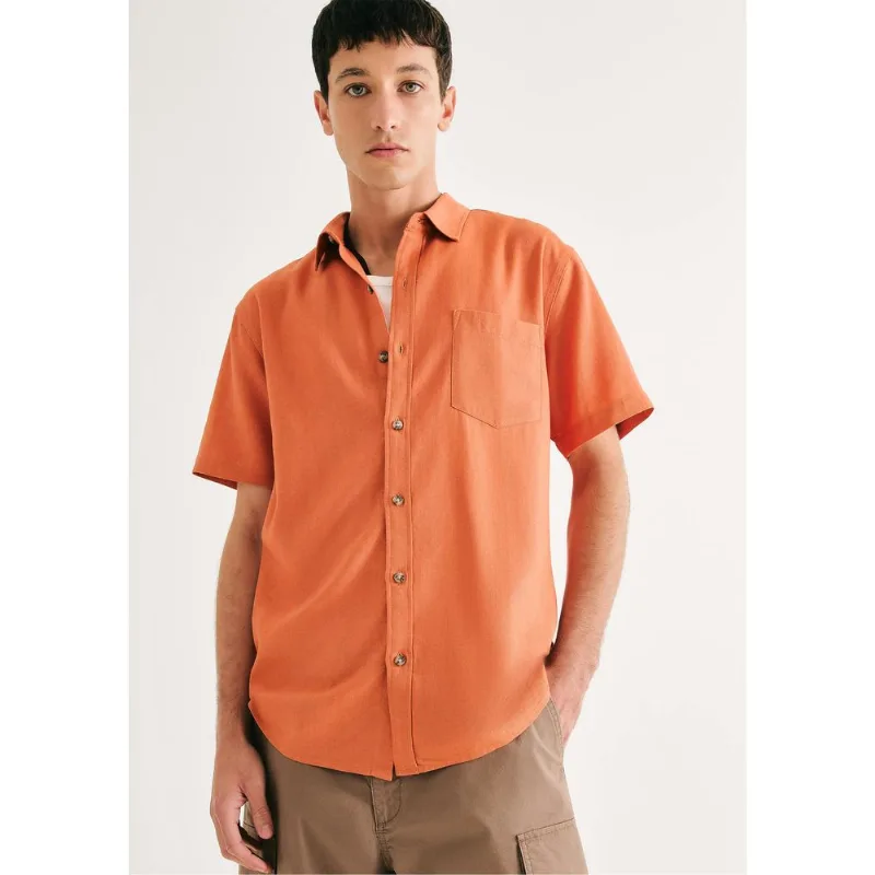 Camisa Básica Masculina Manga Curta Em Linho - Laranja XG