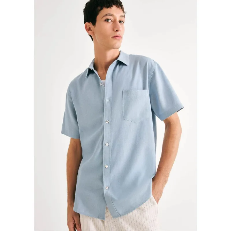 Camisa Básica Masculina Manga Curta Em Linho - Azul G