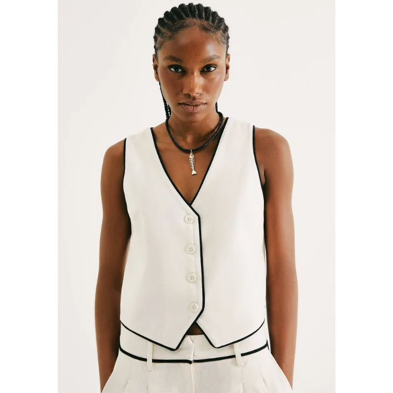 Colete Feminino Decote V Com Linho - Off white M