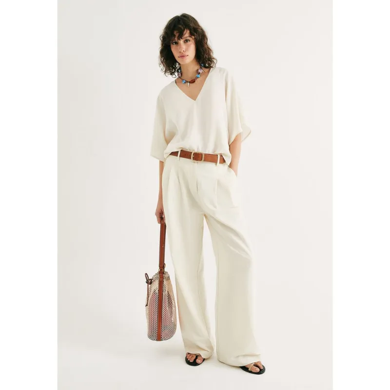 Calça Feminina Cintura Média Com Linho - Creme 038