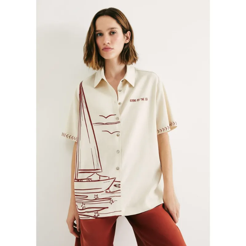 Camisa Feminina Manga Curta Estampada - Creme G