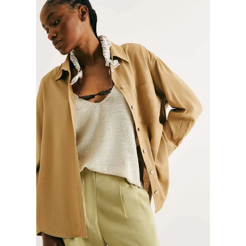 Camisa Feminina Manga Longa Oversized - Bege P