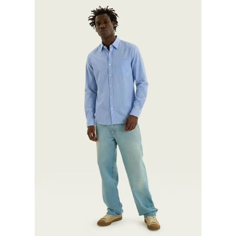 Camisa Básica Masculina Manga Longa Fio Tinto - Azul G