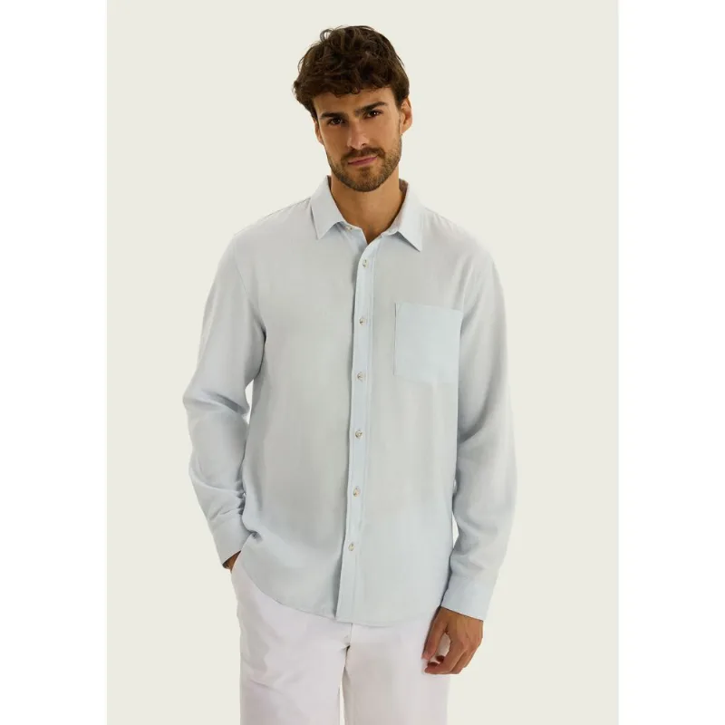 Camisa Básica Masculina Manga Longa Slim Em Linho - Azul XG